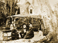 Stowe family seated in front of their Mandarin home