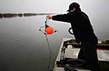 Jim begins the long, tedious process of fishing for stingrays by laying a long trot line marked on each end by a bright orange buoy. 